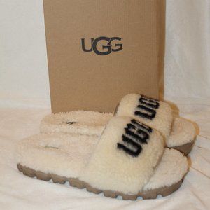 NIB UGG WOMEN'S‎ COZETTA CURLY SHEARLING LOGO SLIPPER SANDALS NATURAL BLA…